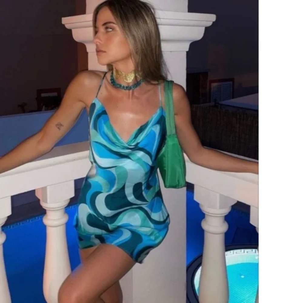 ZARA Satin Effect Blue Marble Retro Print Slip Dress Bloggers Favorite🦋